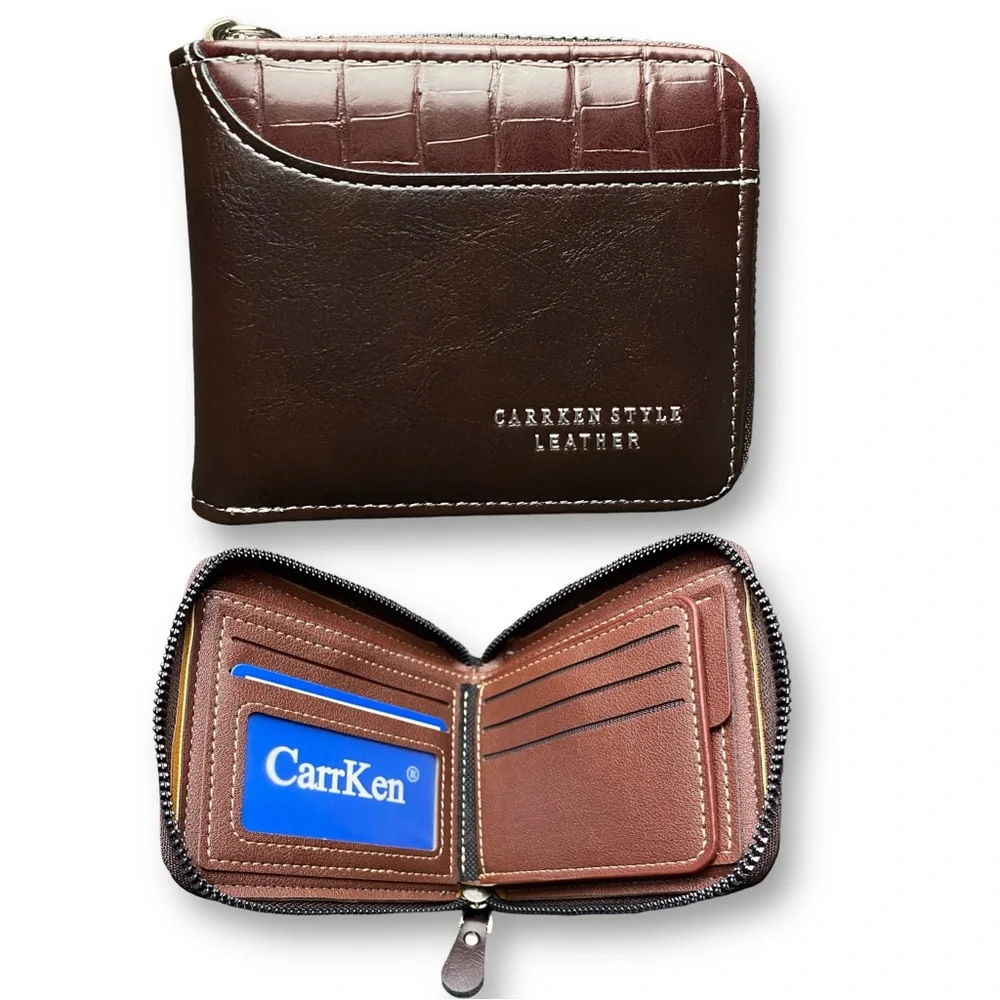 Carrken Style Leather Men's Brown Bifold Zipped Around wallet
